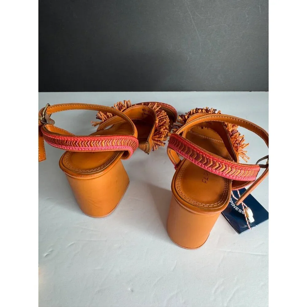 NIB FARM Rio Pink Shiny Heeled Sandal Beaded Fringe Embroidered US 8 EU 39